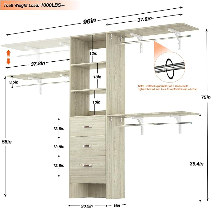 armocity 96 Inches Closet System, 8FT Walk In Closet Organizer with 3 Shelving Towers, Heavy Duty Clothes Rack with 3 Drawers, Built-In Garment Rack, 96" L x 16" W x 75" H, Load 1000 LBS, White Oak