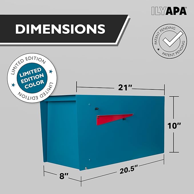 Ilyapa Modern Mailbox for Outside Post Mount - Blue Powder Coated Metal Mailbox, Waterproof Letter Box for Parcels, Recessed Magnetic Close Door