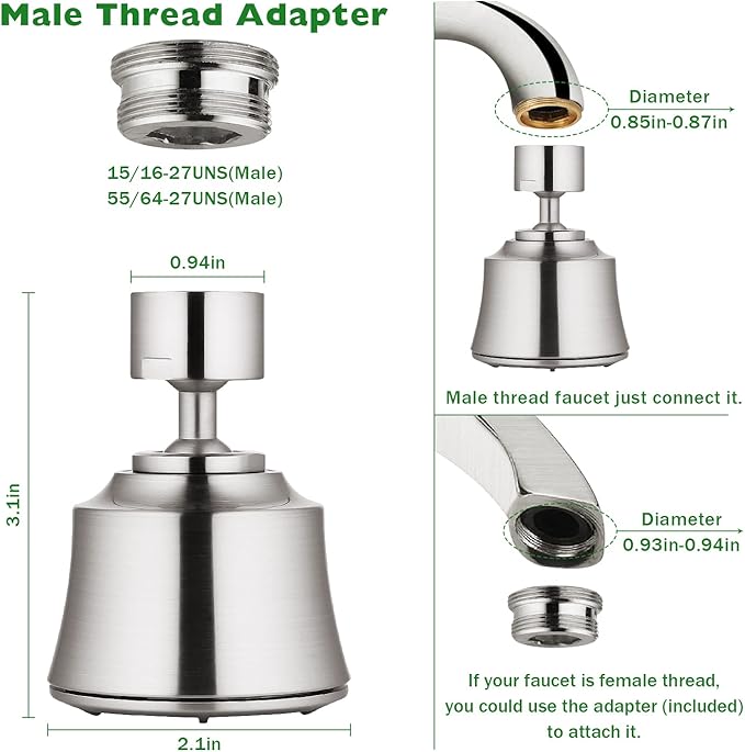 Houtingmaan Kitchen Sink Faucet Aerator with 2 Ball Joint, Big Angle Swivel Sprayer Head Replacement with 4 Spray Models, 55/64-27UNS Famale Thread - Brushed Nickel