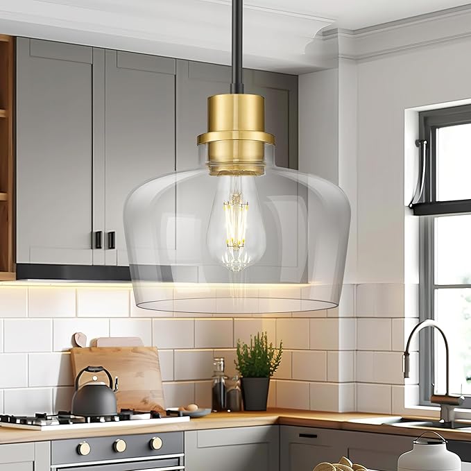 Emak 10 Inch Large Glass Pendant Lights Kitchen Island, Black and Gold Pendant Light Fixtures, Modern Farmhouse Island Lights for Kitchen, Dining Room, Bathroom, PL126-BKBGD-CG