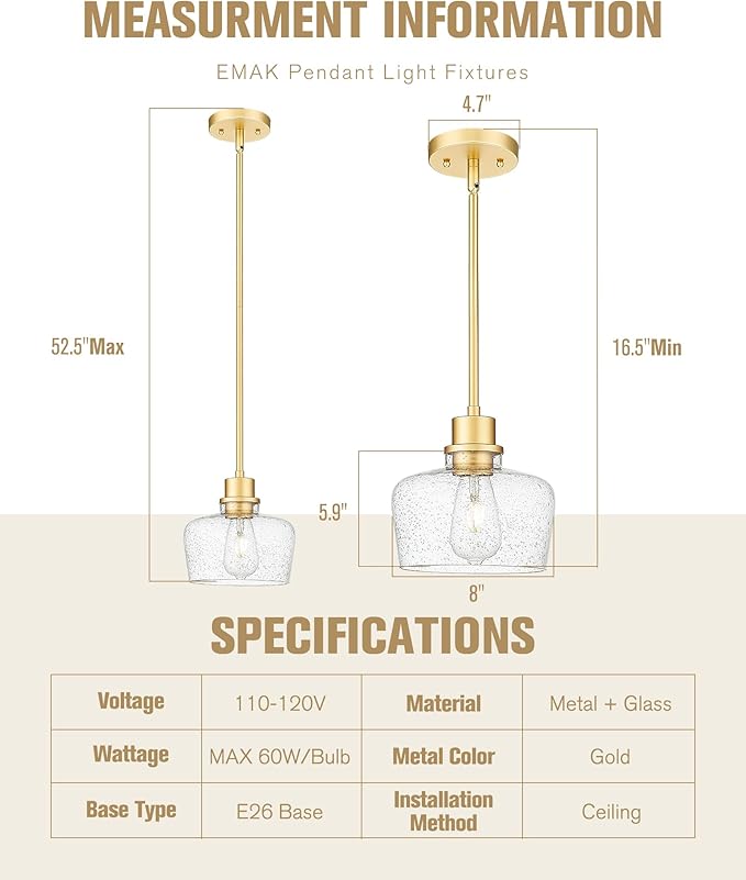 Emak 8 Inch Gold Pendant Light Fixtures, Modern Pendant Lights Kitchen Island with Seeded Glass Shade, 1 Light Hanging Light for Kitchen Island, Dining Room, Bathroom, Bedroom, PL122-GD