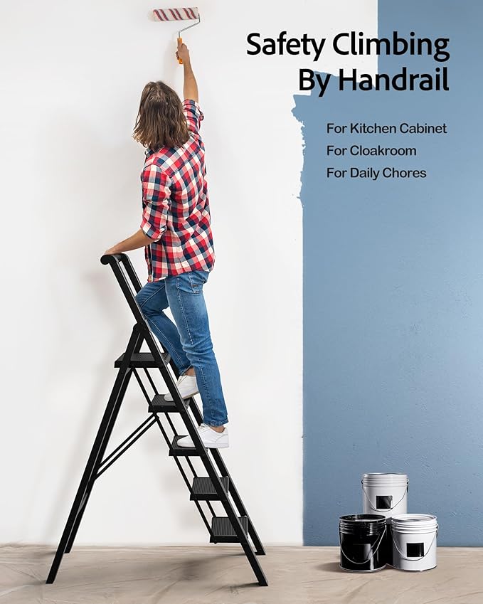 5 Step Ladder, Lightweight Folding Step Stool with Convenient Handgrip,Aluminum 330lbs Capacity Step Ladder for Office,Household,Kitchen(Black)