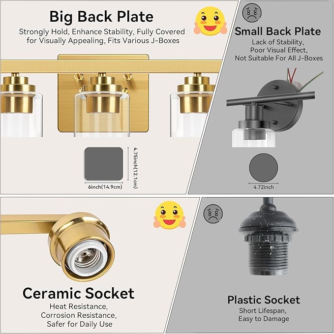 3-Light Bathroom Light Fixtures, 19" Modern Vanity Lights Over Mirror with Clear Glass Shades, Gold Light Fixture, Classic Wall Light Fixture for Mirror Living Room Cabinet Bedroom Porch