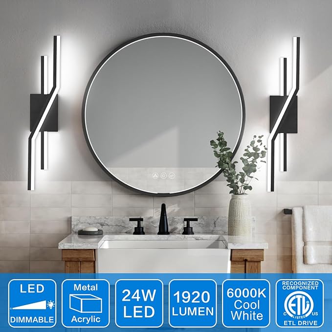 SOLFART Bathroom Light Fixtures Matte Black Dimmable LED Bathroom Vanity Lights Over Mirror 24 Inch Modern Wall Lights