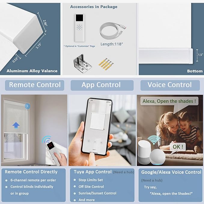 Motorized Blinds with Remote Cordless Automatic Motorized Shades Custom Blinds for Windows Smart Curtains Compatible with Alexa Google Home(Solar Grey,W37 x H72in)