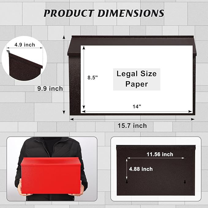 KYODOLED Wall-Mount Mailbox, Large Capacity Mail Box, Galvanized Steel Rust-Proof Metal Post Box, Mailboxes for Outside,15.7"x9.9"x4.9" Bronze