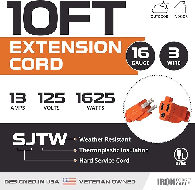 Iron Forge Cable Weatherproof 10 Ft Outdoor Extension Cord - 16/3 SJTW 13 Amp Heavy Duty Highly Visible Orange Extension Cord 3 Prong - Lighted End