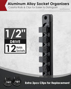 1/2" Magnetic Socket Holder Organizer - Aluminum Alloy Socket Rail Tray for Tool Box Drawer, Socket Rack with Extra 2Pcs Replacement Clips for Automotive Garage(Black)