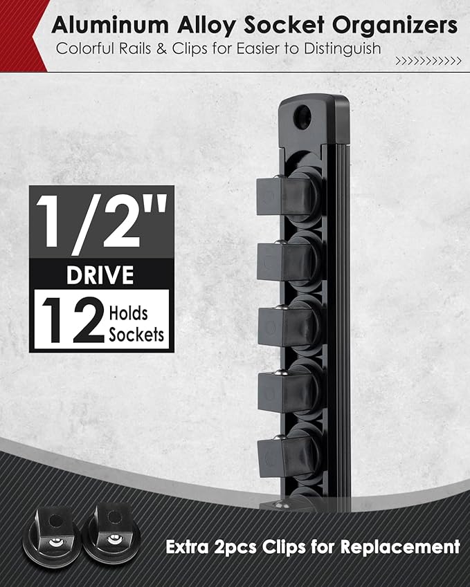 1/2" Magnetic Socket Holder Organizer - Aluminum Alloy Socket Rail Tray for Tool Box Drawer, Socket Rack with Extra 2Pcs Replacement Clips for Automotive Garage(Black)