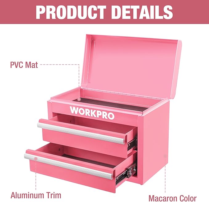 WORKPRO Metal Mini Tool Box, Top Tool Chest containing Two Drawers with Ball Bearing Slides, PVC Drawer Liners and PP Feet Pads, Cold Rolled Steel Small Toolbox for Multi-Purpose Storage - Pink Ribbon