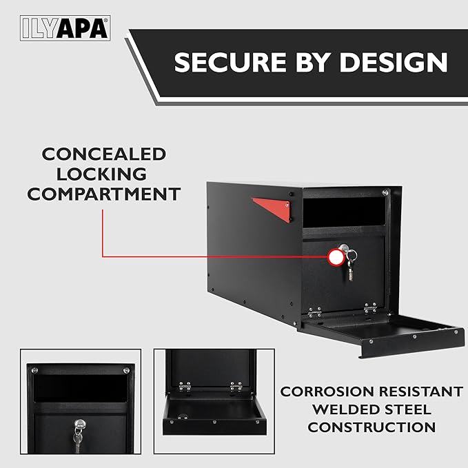 Ilyapa Locking Mailbox with Lock and Key Modern Mailboxes for Outside Post Mount - Black Exterior Powder Coated Steel Heavy Duty Welded Mailbox