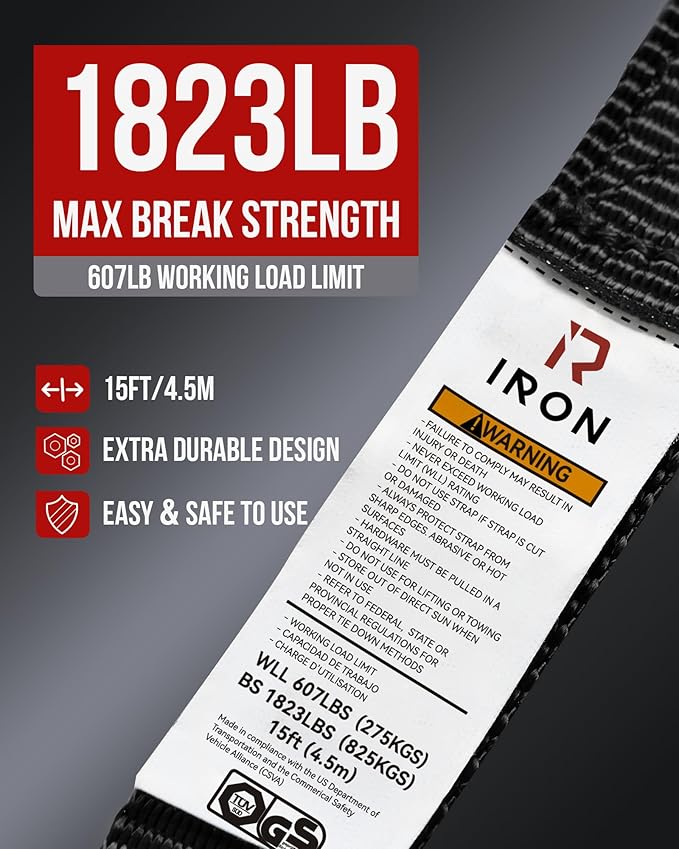 Ratchet Straps (4 PK) 15 Feet (1,823lb Break Strength) Heavy Duty Tie Down Strap with S Hook Black for Packing Motorcycle Truck Cargo