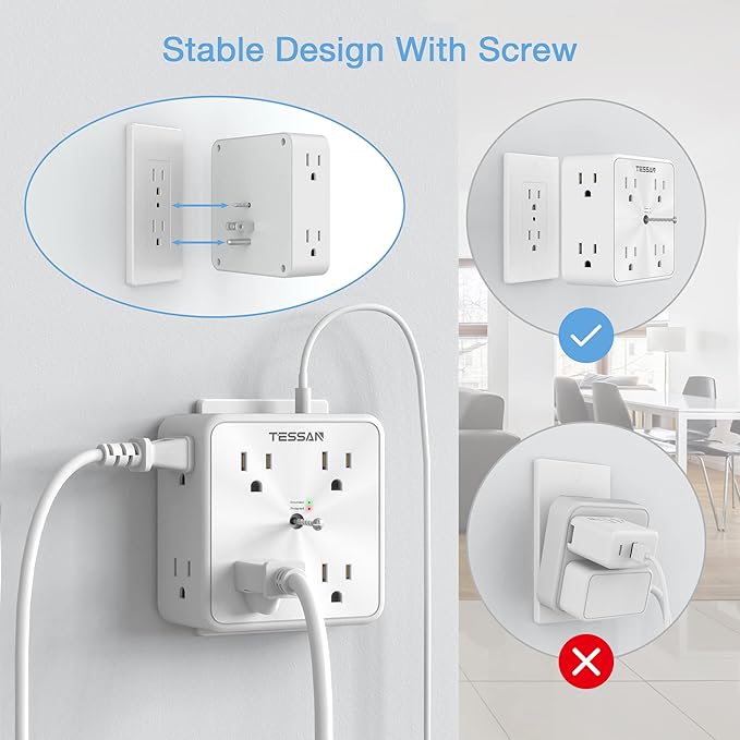 Surge Protector 8 Outlet Extender, TESSAN Multi Outlet Splitter with 3 USB Wall Charger (1 USB C), 3-Sided Multiple Plug Power Strip 1700J, Charging Station for Home Office Dorm Room Essentials