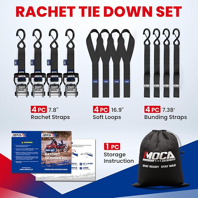 MOCA Black Heavy Duty Ratchet Tie Down Straps - 5200 Lbs Breaking Strength 1.6" x 8', Includes 4 Heavy Duty Ratchet Padded Handles & Coated Chromoly S Hooks & 4 Soft Loop Tie-Downs