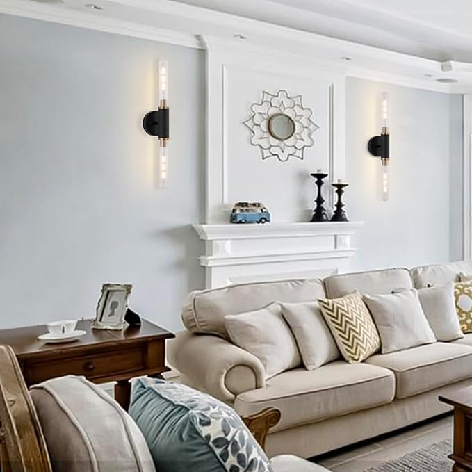 Modern Wall Sconces 24" Knurled Texture Cylinder Bathroom Vanity Lights Fixtures with Clear Striped Glass Shade 2-Lights Brushed Brass Gold Black Indoor Wall Lighting for Bedroom Hallway