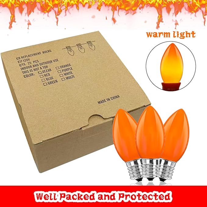 C9 Orange Halloween Incandescent Light Bulbs, 25-Pack E17 Base, Waterproof Outdoor Pathway & Yard Lighting, Halloween Decorations, Spooky Glow for Parties & Events