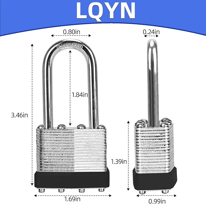 Padlocks with Same Key, LQYN 6 Pcs Laminated Keyed Padlock (1-9/16", 40mm), Keyed Alike Locks, Long Shackle, for Storage Locker, Hasp Latch, Toolbox, Sheds