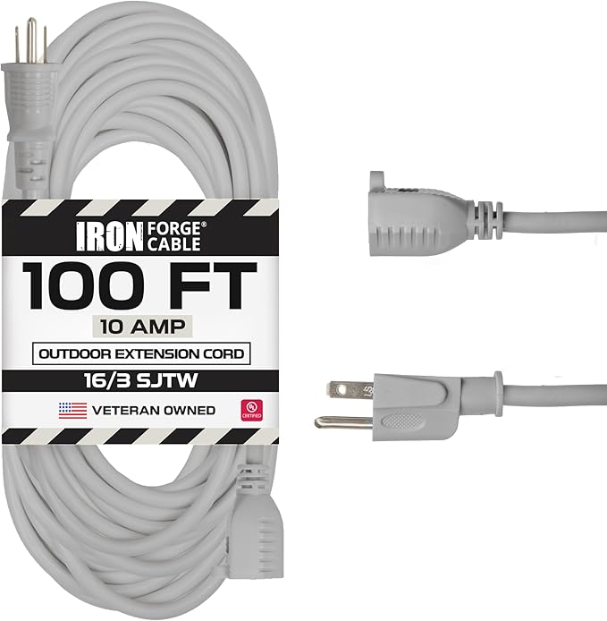 Iron Forge Cable Gray Outdoor Extension Cord 100 ft, 16/3 SJTW 100 Foot Grey 3 Prong Extension Cord Outdoor & Indoor, Weatherproof 10 Amp Heavy Duty Power Cable