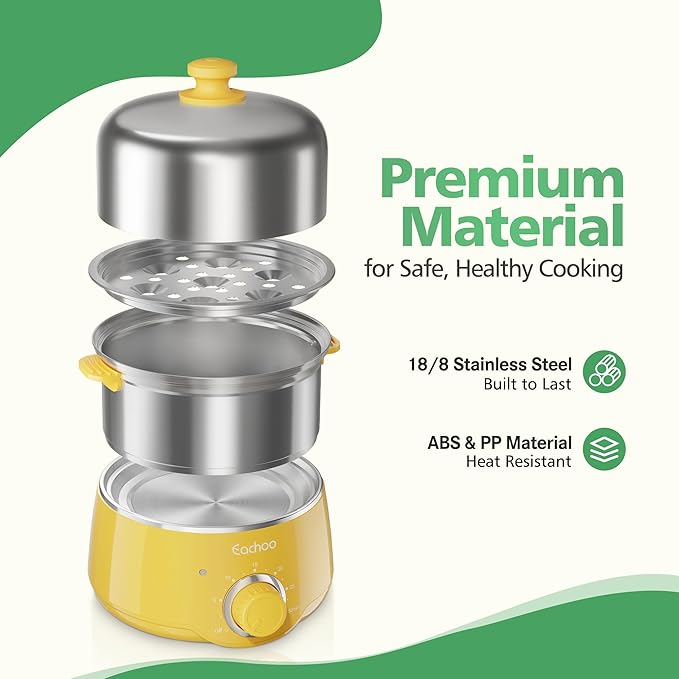 Hard Boiled Egg Cooker - CACHOO 14-Egg Rapid Stainless Steel Egg Boiler with 30-Min Timer & Auto Shut Off, Compact Electric Vegetable Steamer for Cooking, Dishwasher Safe, Retro Yellow