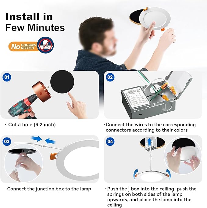 24 Pack Canless Recessed Lighting 6 Inch LED Ceiling Lights, 6000K Daylight, 1050LM High Brightness LED Lights, 12W 110W Eqv, Ultra-Thin Can Light