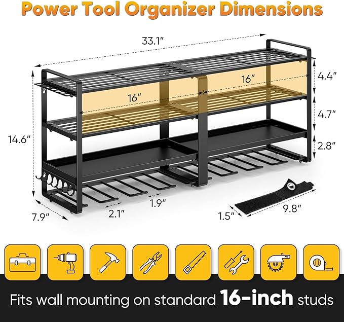 33" W Large Power Tool Organizer Wall Mount Loads 400 lbs, Heavy Duty 4-Tier 8 Drills Holder, Cordless Tool Storage Battery Shelf, Utility Racks for Garage Workshop Shed, Gifts for Men Husband