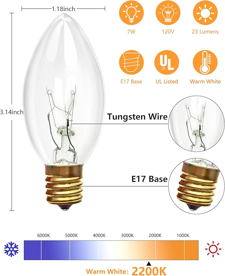 25 Pack C9 Replacement Bulbs, 7W Incandescent Clear Night Light Bulbs for Outdoor String Lights, Clear Christmas Bulbs for Porch, Patio, Garden, Wedding Decor, Warm White, E17 Intermediate Base