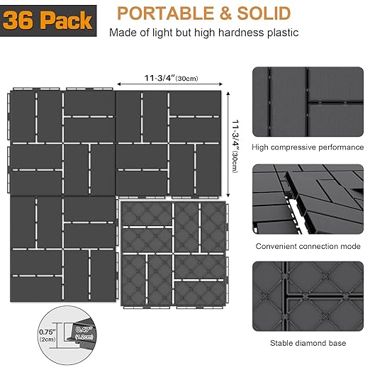 Goovilla Plastic Interlocking Deck Tiles, 36 Pack Outdoor Patio Flooring, 12"x12" Interlocking Decking Tile Outdoor All Weather Use, Waterproof Patio Pavers for Pool Balcony Backyard Porch, Dark Grey