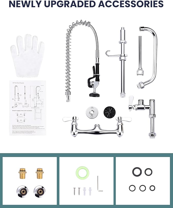 36" Height Commercial Faucet Wall Mount with Sprayer 8" Adjustable Center 10" Swing Spout, Kitchen Sink Faucet with Pull Down Pre-Rinse Sprayer for Restaurant Industrial Kitchen, Chrome