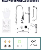 36" Height Commercial Faucet Wall Mount with Sprayer 8" Adjustable Center 10" Swing Spout, Kitchen Sink Faucet with Pull Down Pre-Rinse Sprayer for Restaurant Industrial Kitchen, Chrome