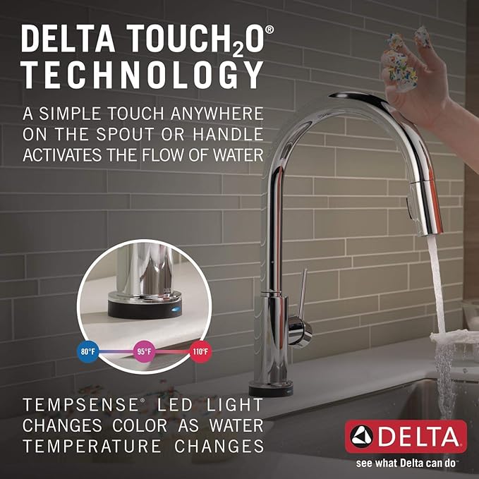 Delta Trinsic Chrome Touch Kitchen Faucet with Pull Down Sprayer, Modern Single Hole Touch On Kitchen Sink Faucet, Single Handle, Chrome 9159T-DST