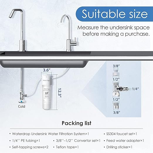 Waterdrop 10UBW-UF 0.01 μm Ultra Filtration Under Sink Water Filter System for Baçtёria Reduction, Reduces Lead, Chlorine, Bad Taste & Odor, 11K Gallons, with Dedicated Faucet, USA Tech