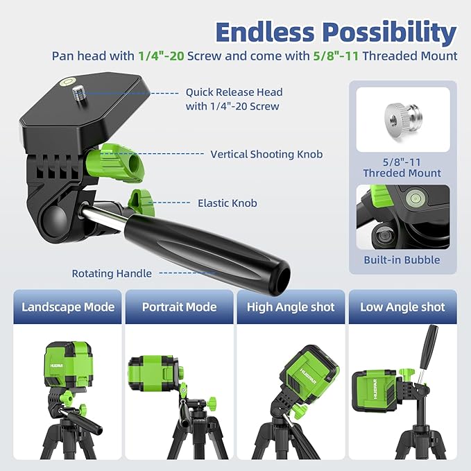 Huepar 60-Inch Lightweight Tripod Portable Adjustable Tripod for Laser Level with 3-Way Swivel Pan Head, 2 Bubble Levels, 1/4" and 5/8" Thread Mount for Varieties Tools, Only for Indoor Basic Work