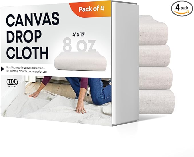Canvas Drop Cloths 4' x 12', Pack of 4 - Reusable & Eco-Friendly Painters Drop Cloth for Furniture, Surfaces & Floor Protection - 100% Recycled Cotton Canvas Tarp for Home Renovation by IDL Packaging