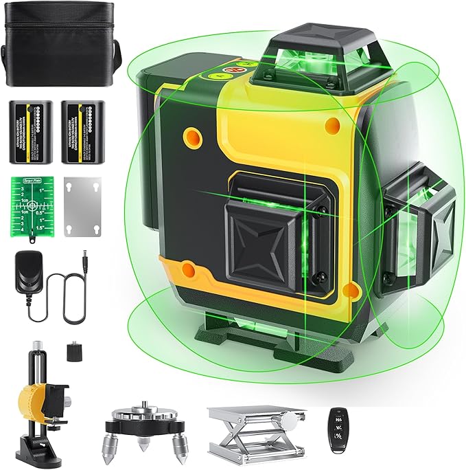 Laser Level, FELLAT 4x360°4D 16 Lines Laser for Construction, Two 360° Vertical and Two 360°Horizontal Green Cross Line Laser with Pulse Mode, Remote Controller and Two Rechargeable Battery