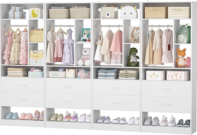 8FT Closet System with 8 Wood Drawers, 96" Closet Organizer System with 20+ Small Shelves & 2 Hanging Rods, Walk-in/Nursery Closet Systems, Set of 4, White (96" L x 15" W x 80" H)