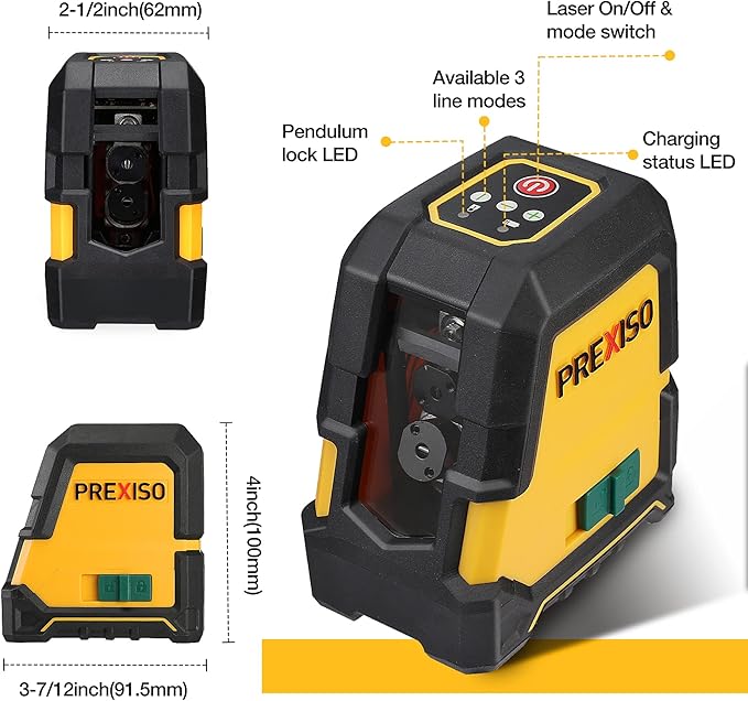 PREXISO Laser Level Self Leveling - 100Ft Rechargeable Cross Line Laser, Green Line leveler Tool for Construction, Floor Tile, Home Renovation with Magnetic Pivoting Base, Target Plate & Portable Bag