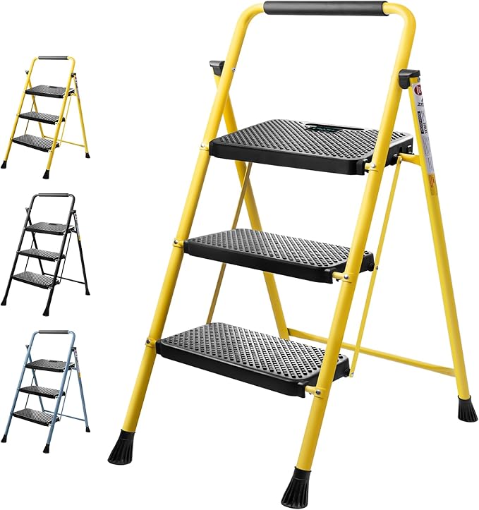 TICONN 3 Step Ladder, Heavy Duty Foldable Step Stool, Portable Steel Folding Stool for Household Garage Storage (Yellow)