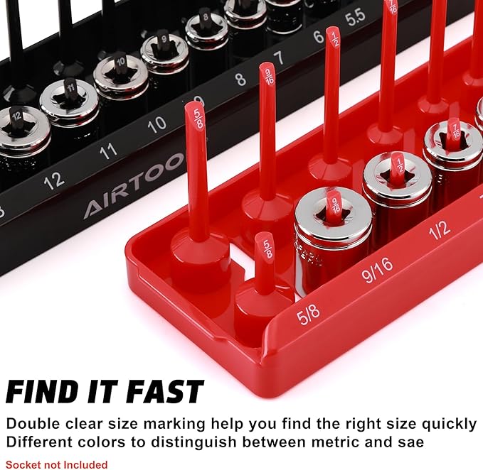 AIRTOON 1/4-Inch Drive Socket Organizer Trays, 2-Piece SAE and Metric Socket Tray Set, Deep and Standard Socket Holders Organizers for Toolbox, Black & Red