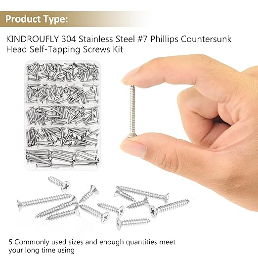 162 Pieces #7 x 1/2" 5/8" 3/4" 1" 1-1/4" Phillips Countersunk Head Self-Tapping Screws, Wood Screws Assortment Kit, 304 Stainless Steel