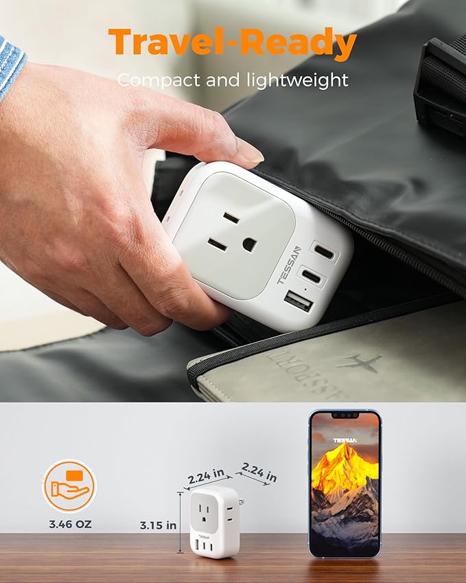 TESSAN US to Japan Plug Adapter 2 Prong to 3 Prong Outlet Adapter with 4 Outlets 3 USB (2 USB-C), Outlet Converter US to Japan China Mexico Philippines Canada Peru Thailand Vietnam