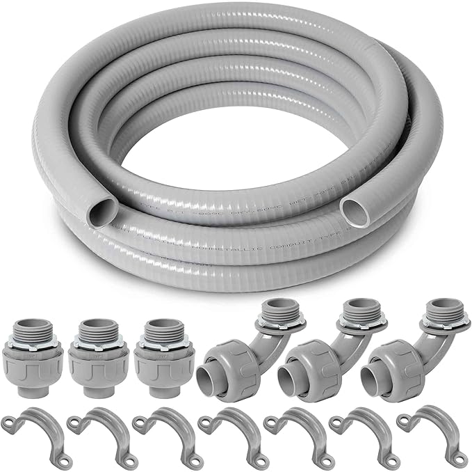 (1 inch Dia * 25 Feet) Yariwiz Flexible Electrical Conduit Liquid Tight PVC Conduit Kit with 3 PCS Coupling, 3 PCS Elbow and 7 PCS Strap, Sealtight Seal Flex Liquidtight Wire Outdoor Non Metallic Grey