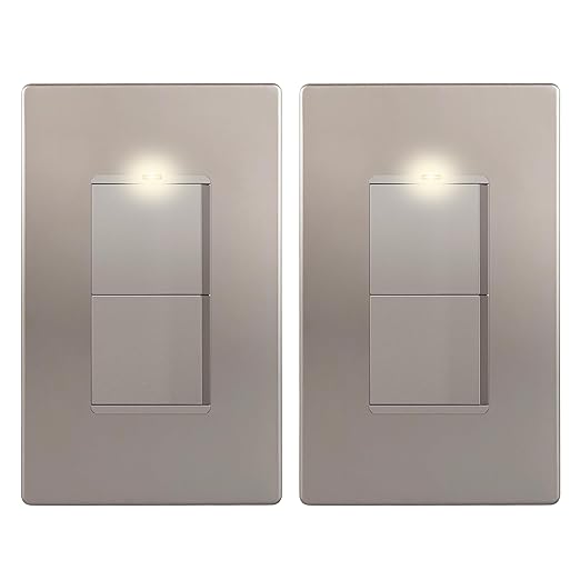 LIDER Matte Finish Lighted Double Switch with Screwless Wall Plate, Combination Frameless Decorator Switch with Locator Light, Ground Terminal Single Pole, 15A 120V, UL Listed, Nickel, 2 Pack