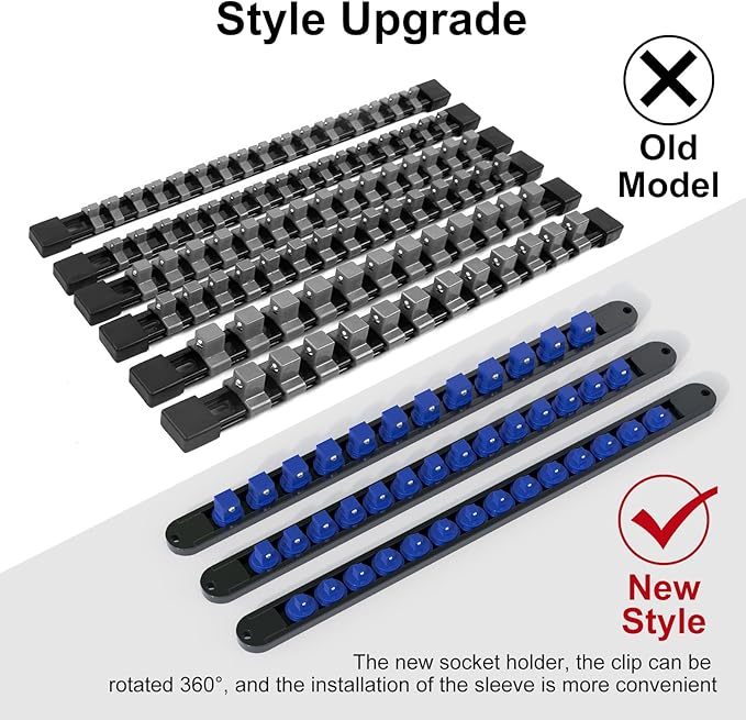 FivePears 3PCS 360° Socket Organizer Twist Lock,3/8 1/4 1/2 Socket Storage Rails, Premium Quality Socket Holders for Tool Box ，Tool Carts，Contains up to 40 Clips (Blue, Red and Black)