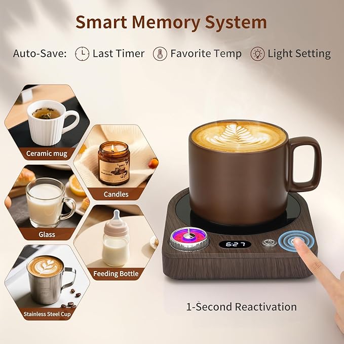 VOBAGA Coffee Mug Warmer with Smart Memory System & 9-Temperature Setting, Coffee Cup Warmer with Customize Timer & Precise Minute Timing, Suitable for Work, Reading, Sleeping