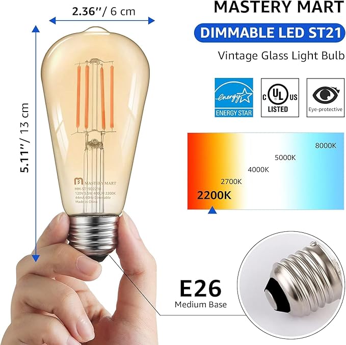 MASTERY MART 60 Pack Dimmable Vintage E26 LED Light Bulb, 2200K Warm White 5.5W (60 Watt Equivalent), Glass ST21 Antique Edison Style, 500LM, Decorative Filament Bulb, UL and Energy Star