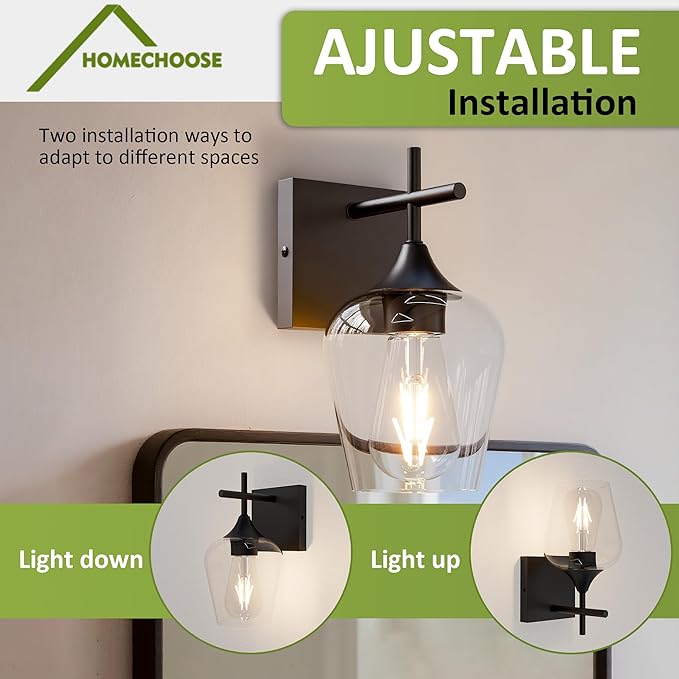 Vanity Bathroom Light, 1-Light Bathroom Light Fixtures Over Mirror, Black Vanity Lights for Bathroom with Clear Glass, Modern Wall Lamp for Cabinet Hallway, Bedroom