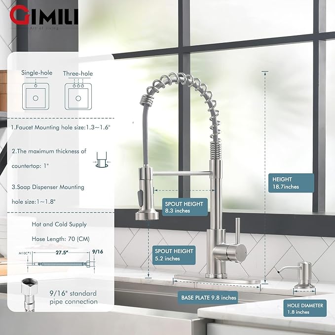GIMILI Kitchen Faucet with Soap Dispenser, Commercial Single Handle Spring Brushed Nickel Pull Out Kitchen Sink Faucets with Pull Down Sprayer