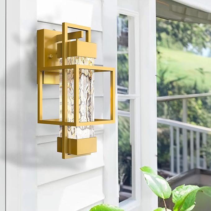 PARTPHONER Modern Outdoor Light Fixtures Dusk to Dawn Outdoor Lighting 2 Pack, 15" Exterior Wall Sconce Waterproof Outside Porch Light for House with Water Glass Black Brushed Gold
