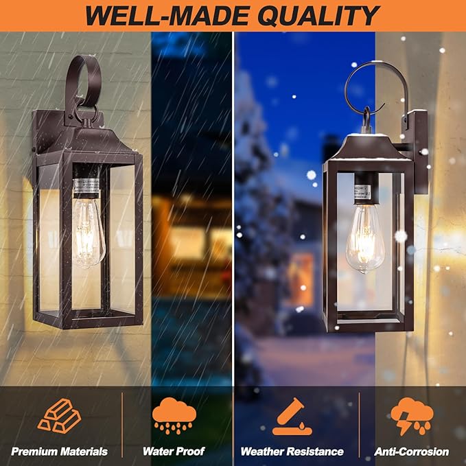 2 Pack Outdoor Light Fixtures, 15 Inch Oil Rubbed Bronze Exterior Wall Sconces Waterproof, Large Outside Lights for House, Modern Wall Lanterns Clear Glass