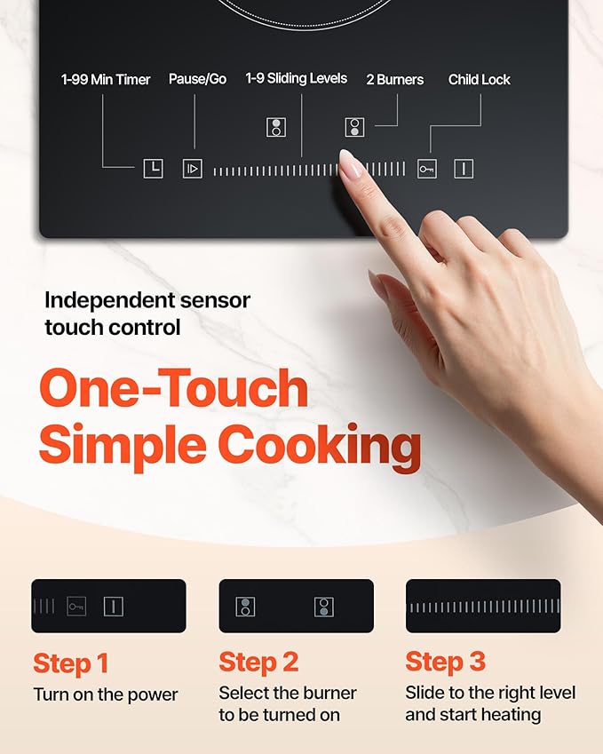 VEVOR Built in Electric Stove Top, 12 inch 2 Burners, 240V Glass Radiant Cooktop with Sensor Touch Control, Timer & Child Lock Included, 9 Power Levels for Simmer Steam Slow Cook Fry